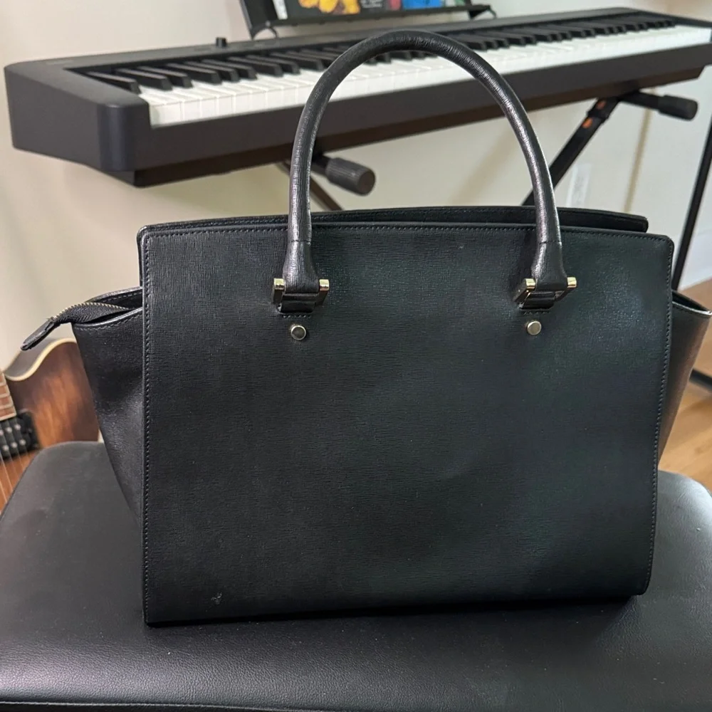 Black Leather Tote Bag with Gold Accent